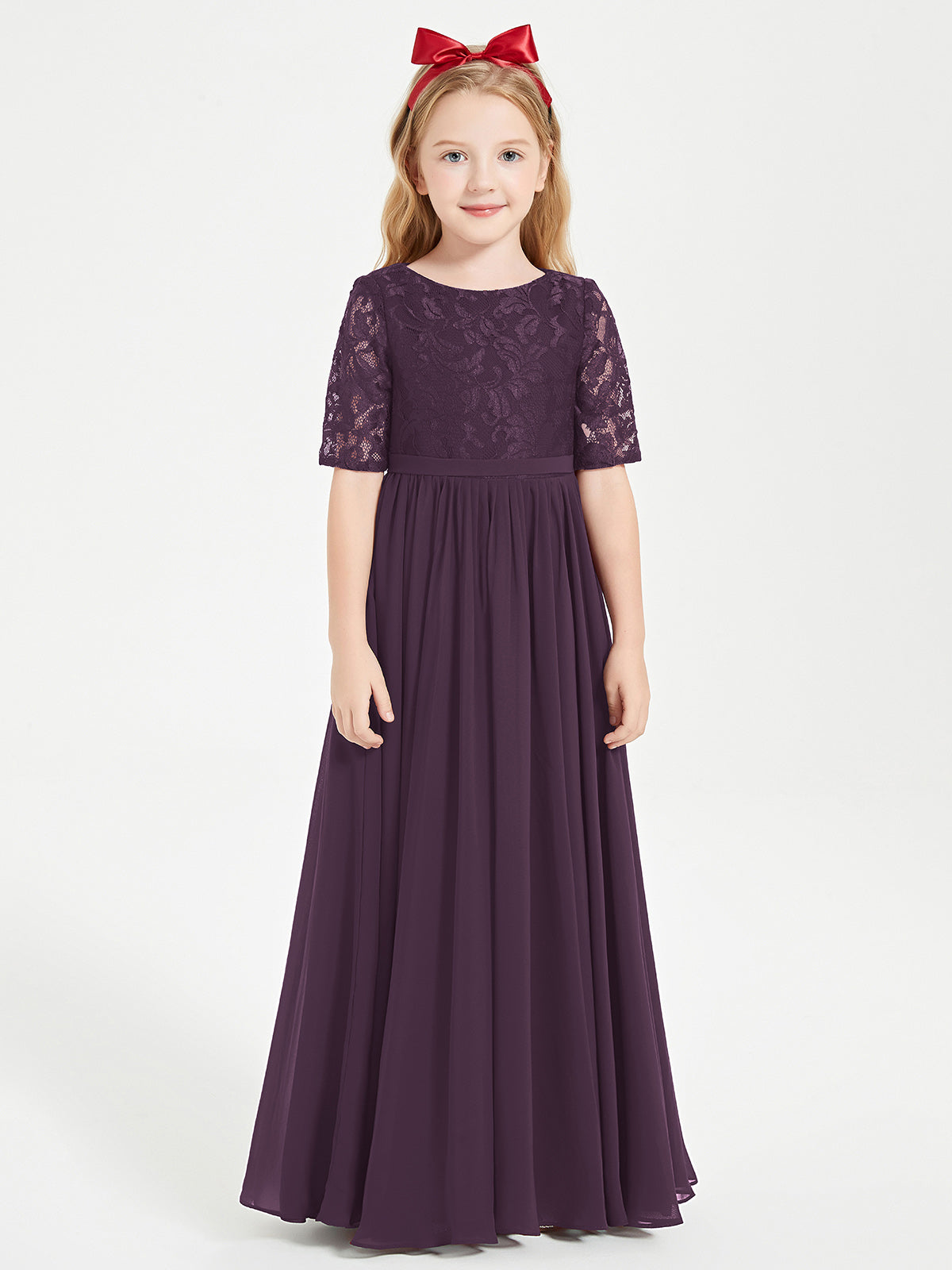 Lace Top Half Sleeved Junior Bridesmaids Dresses Plum